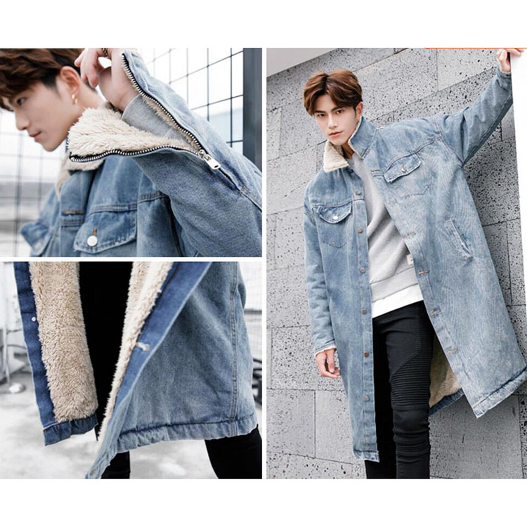Men Winter Lapel Faux Lamb Lining Denim Long Trench Coat Casual