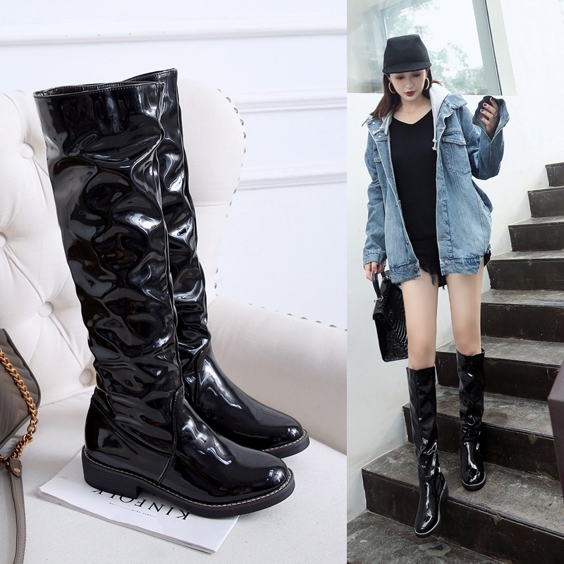 ladies black patent knee high boots