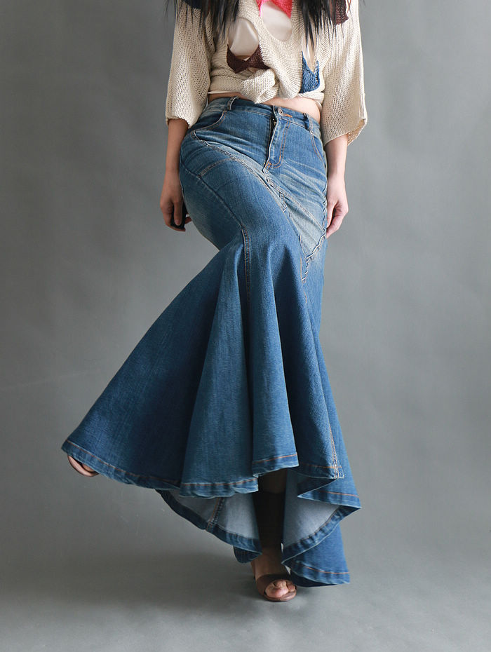 Womens Denim Flare Skirts Slim Fit Mermaid Maxi Long Jeans