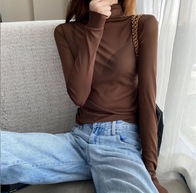 Women Lace T-shirts Mesh Shirt Tops Sheer High Neck Sexy Basic See Through - Picture 8 of 10