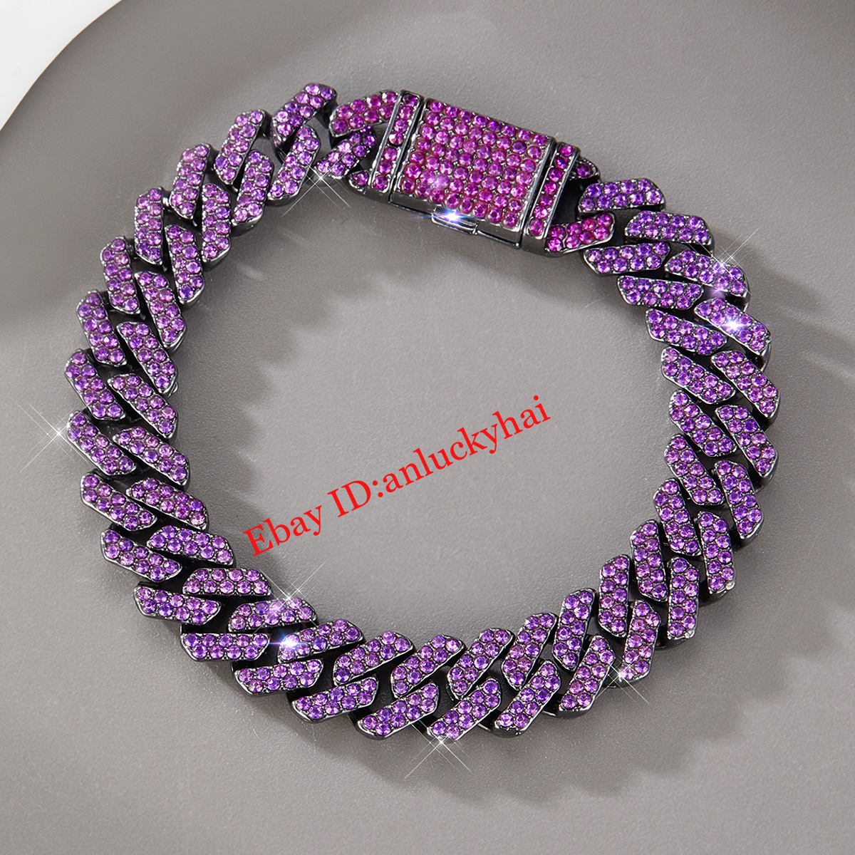 Cuban Chain Alloy Full Diamond Purple Hip Hop Bracelet Men's Rap Cool Necklace - Picture 6 of 13
