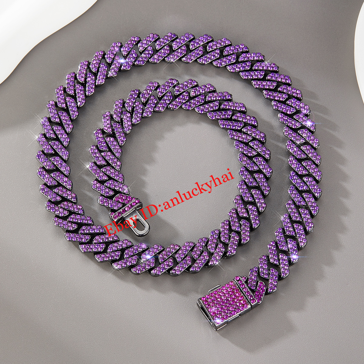Cuban Chain Alloy Full Diamond Purple Hip Hop Bracelet Men's Rap Cool Necklace - Picture 9 of 13