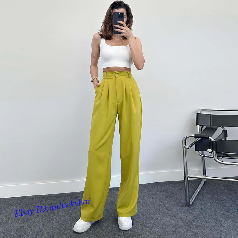 Pantalones informales para mujer color liso elegantes de pierna recta cintura alta pantalones largos - Imagen 11 de 13