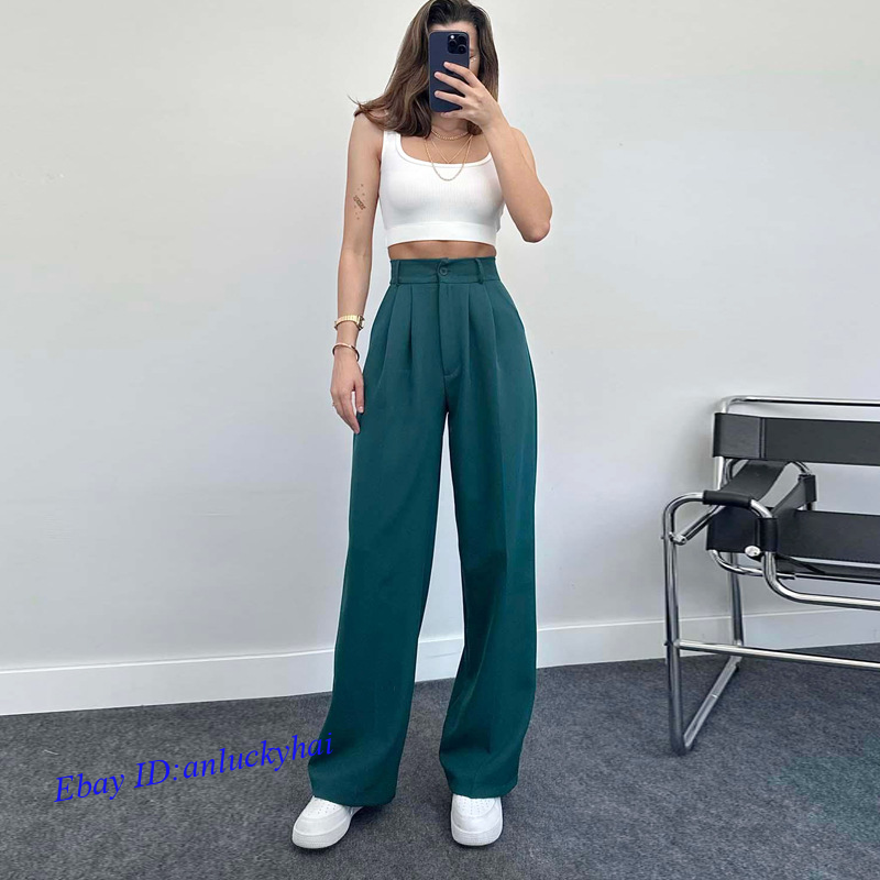Pantalones informales para mujer color liso elegantes de pierna recta cintura alta pantalones largos - Imagen 12 de 13