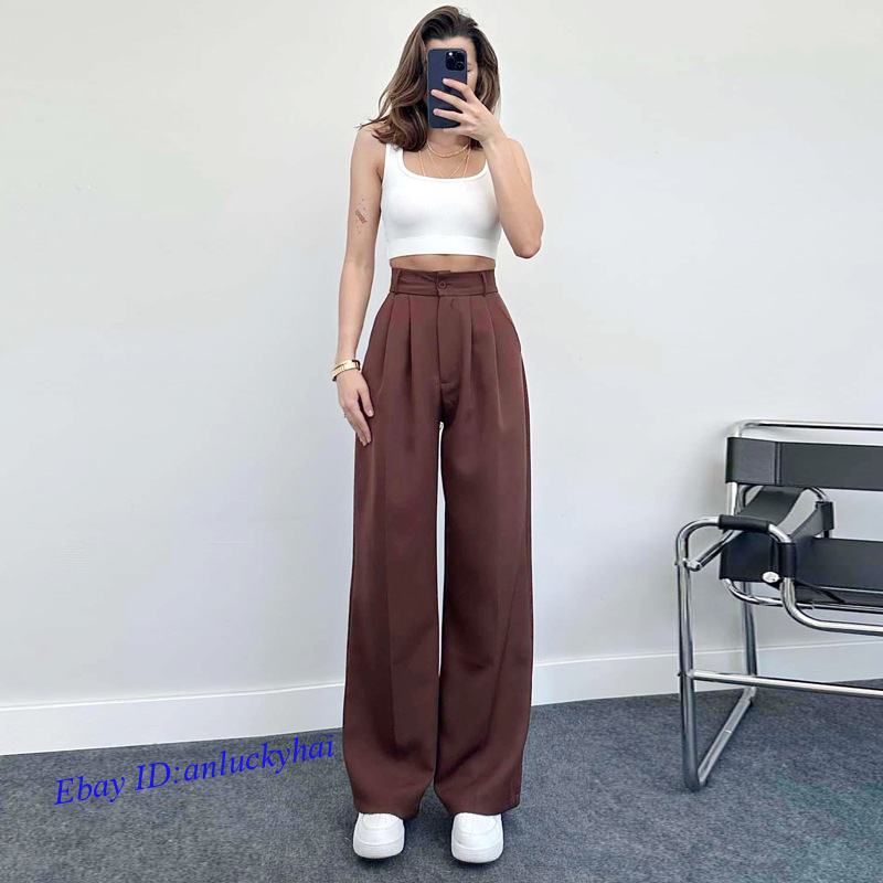 Pantalones informales para mujer color liso elegantes de pierna recta cintura alta pantalones largos - Imagen 13 de 13
