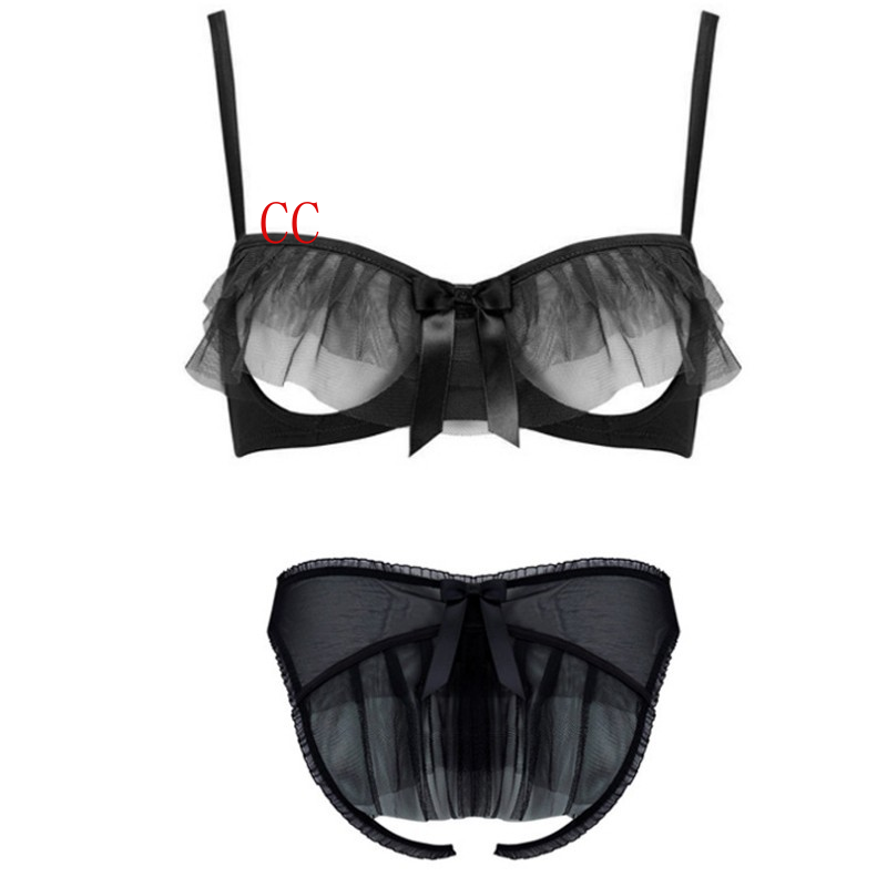 Damen Sexy Open Cup Regal BH Bügel Push Up Netz Spitze Bralette Set - Bild 16 von 17