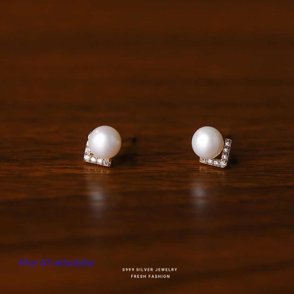 Pendientes de perlas de circón en V para mujer pura plata esterlina 999 joyería regalo - Imagen 7 de 7
