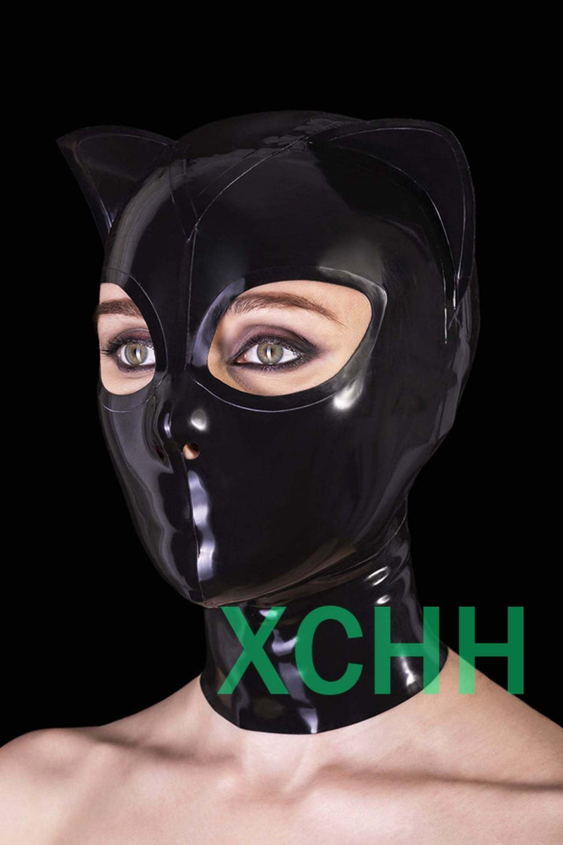 Capucha de látex negra con orejas de gato cremallera trasera ojos abiertos boca máscara de goma juegos con disfraces - Imagen 7 de 7