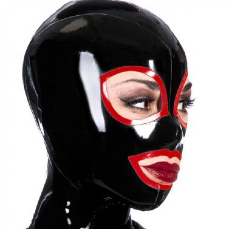 Black Latex Hood with Red Brim Open Eyes Mouth Back Zipper Rubber Mask Club Wear - Picture 4 of 5