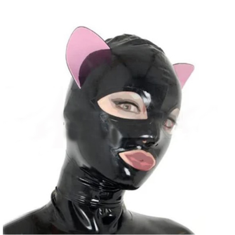Black Latex Hood with Cat Ears Open Eyes Mouth Back Zipper Rubber Mask Club Wear - Picture 5 of 6