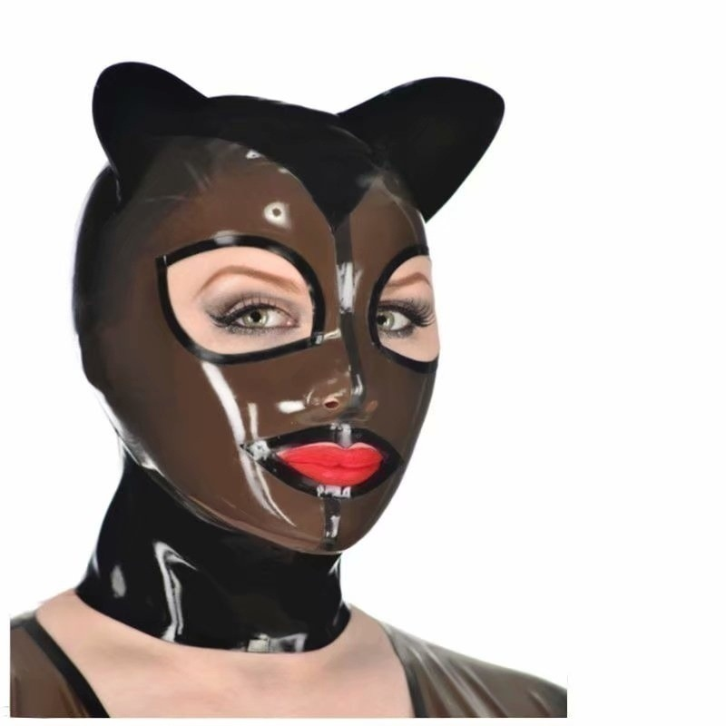 Black Latex Hood with Cat Ears Open Eyes Mouth Back Zipper Rubber Mask Club Wear - Picture 6 of 6