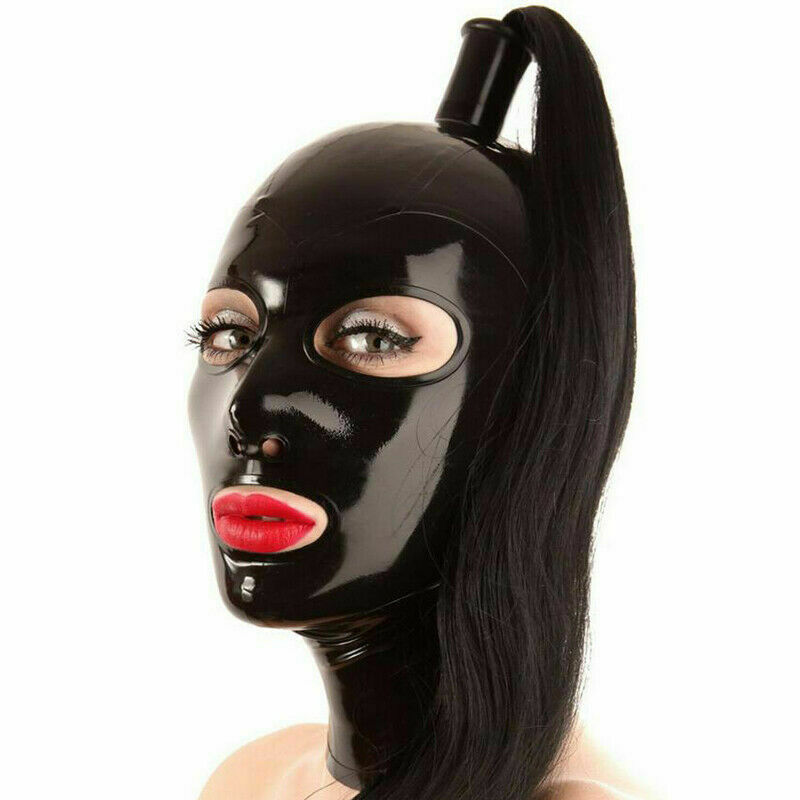 Cappuccio in lattice nero con parrucca occhi aperti bocca cerniera posteriore maschera gomma abbigliamento club - Foto 4 di 5