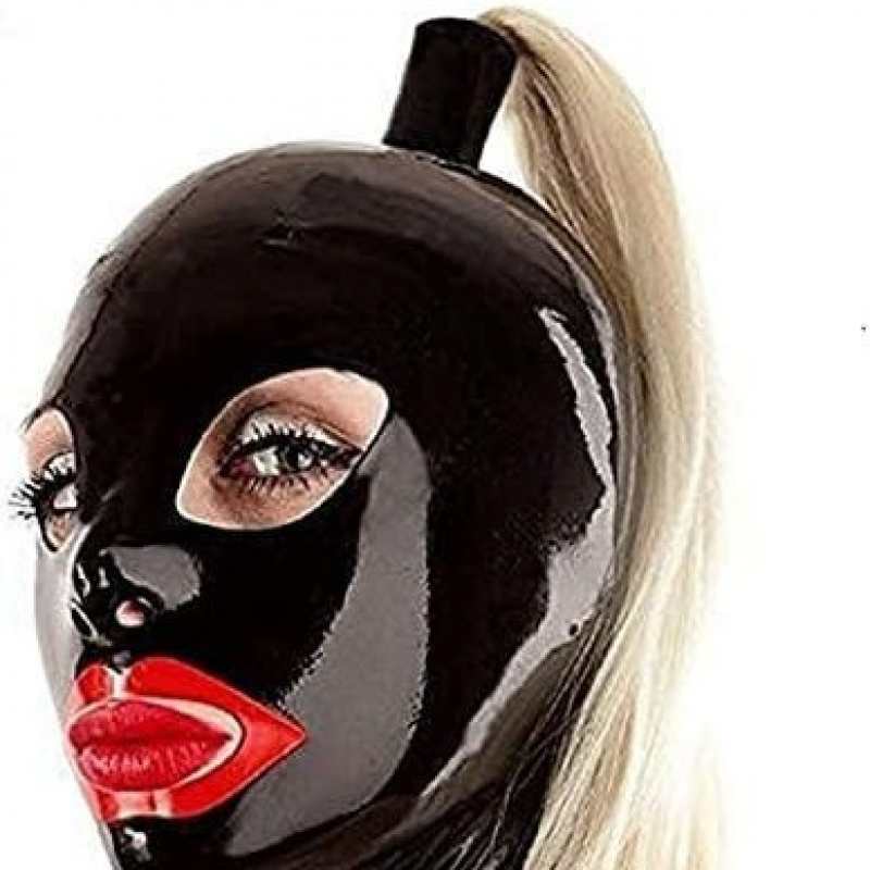 Cappuccio in lattice nero con parrucca occhi aperti bocca cerniera posteriore maschera gomma abbigliamento club - Foto 5 di 5