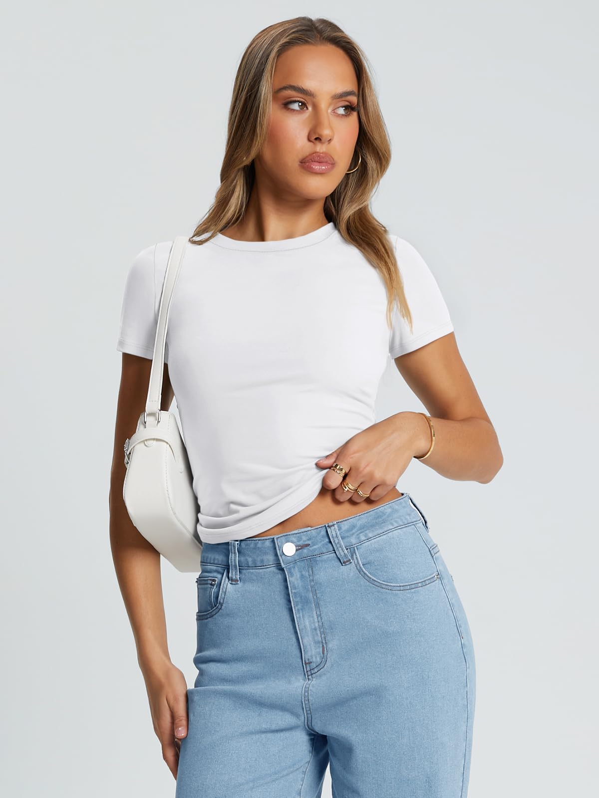 Damen Basic T-Shirts Sommer Tops Crop Kurzarm Tee Fitnessstudio Trainingskleidung - Bild 8 von 42