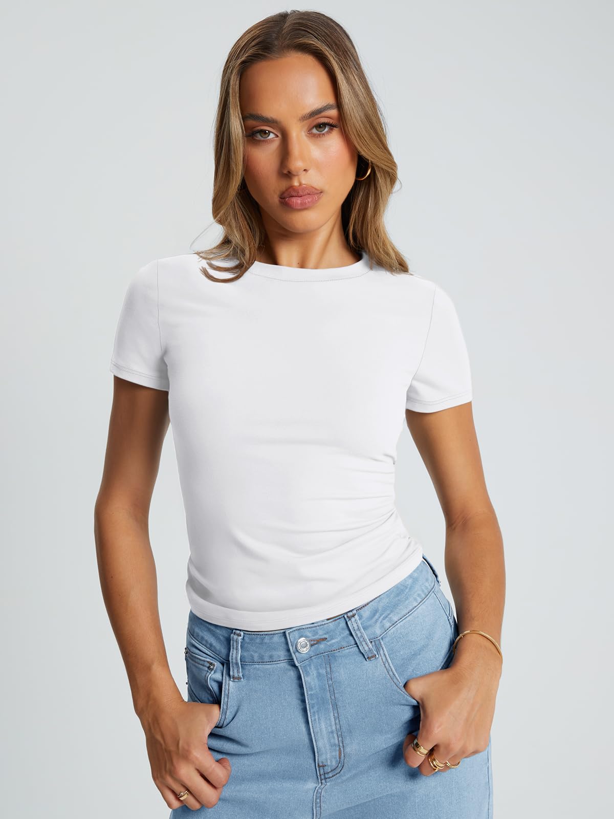Damen Basic T-Shirts Sommer Tops Crop Kurzarm Tee Fitnessstudio Trainingskleidung - Bild 9 von 42
