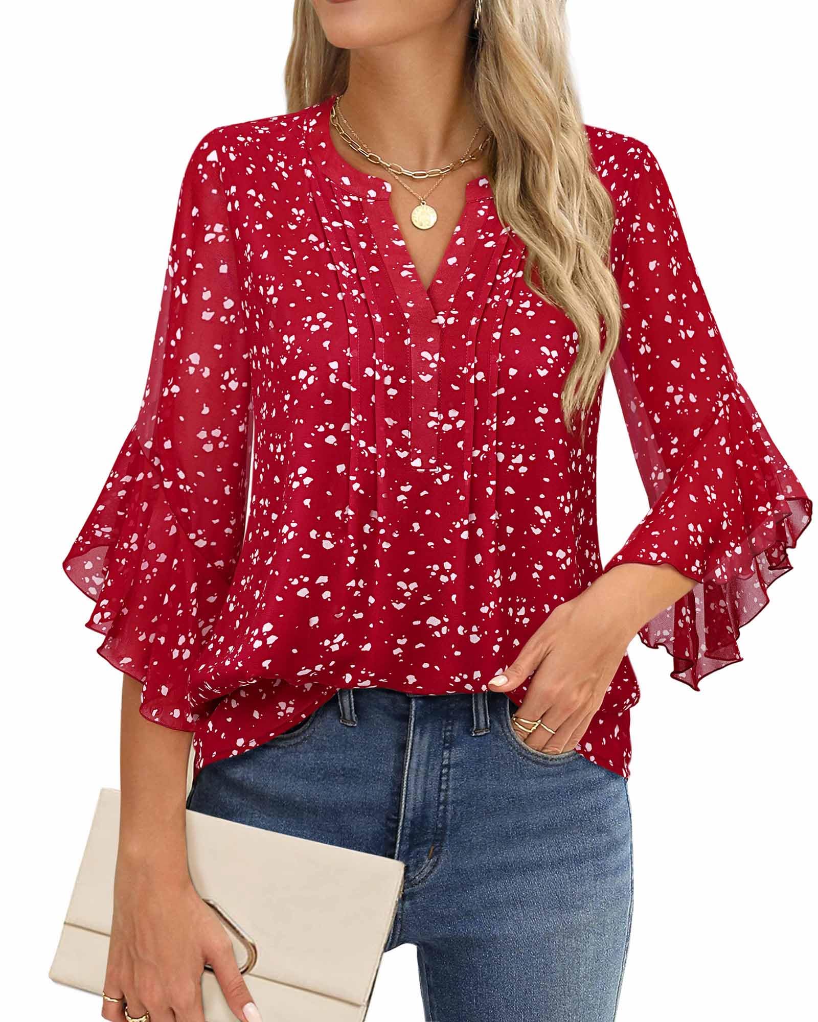 Womens 3/4 Sleeve Tops Dressy Casual Business Work Blouses Chiffon Office Shirts - Picture 24 of 30