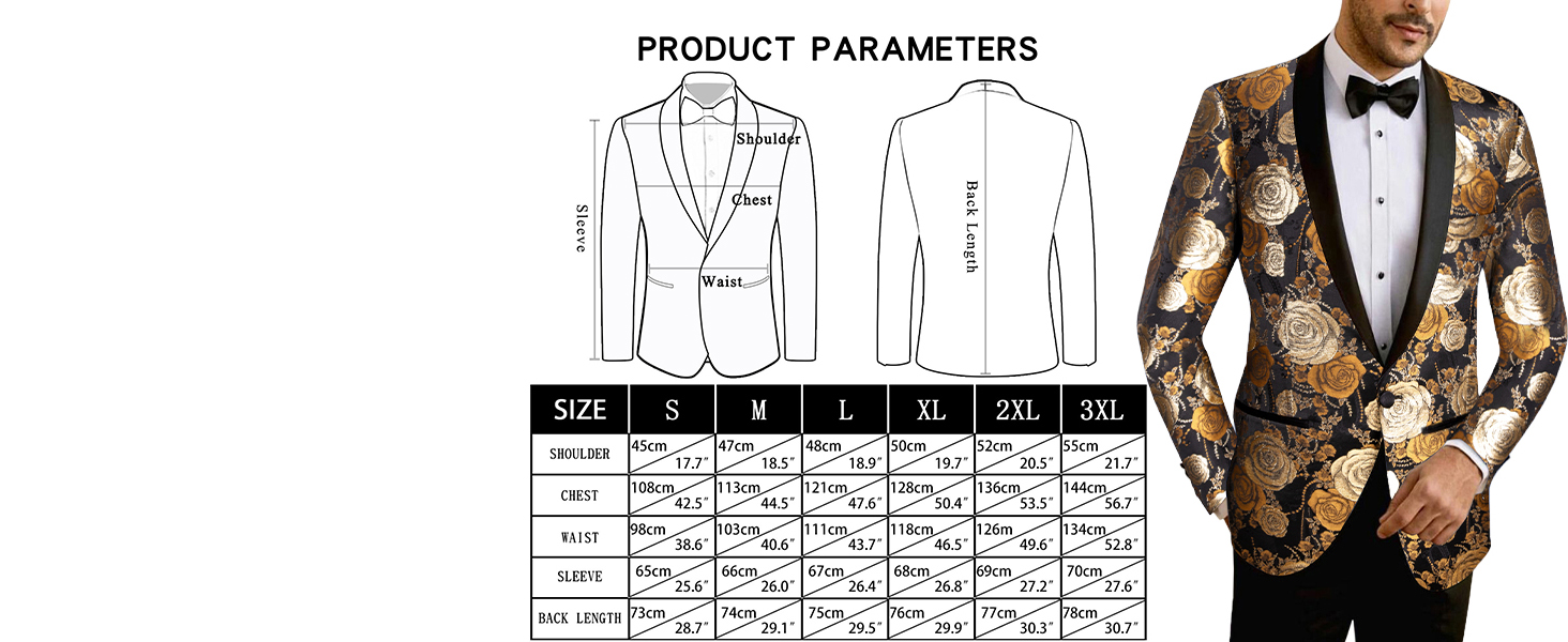 Men's Slim Fit Tuxedo Blazer Shawl Lapel One Button Floral Suit