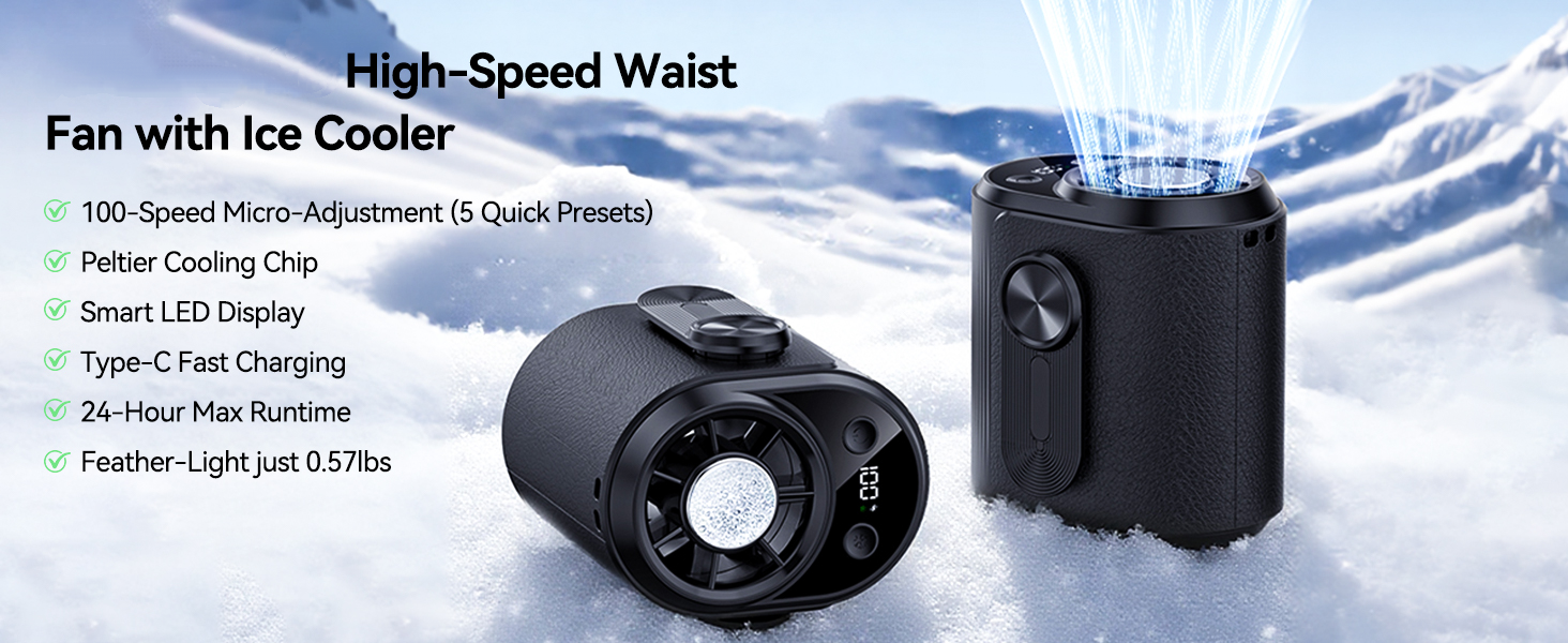 Portable Waist Fan with Ice Cooling Plate 100 Speed Rechargeable