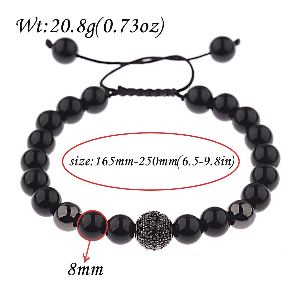 Men's Adjustable Agate & Zircon Beaded Bracelet – Black Round Beads, Micro Pave, Stackable