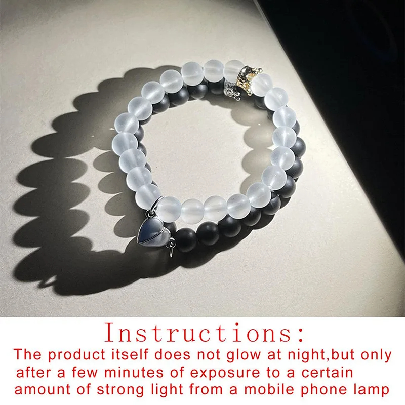 2pcs Crown Beaded Charms Bracelet Luminou Heart Glow In The