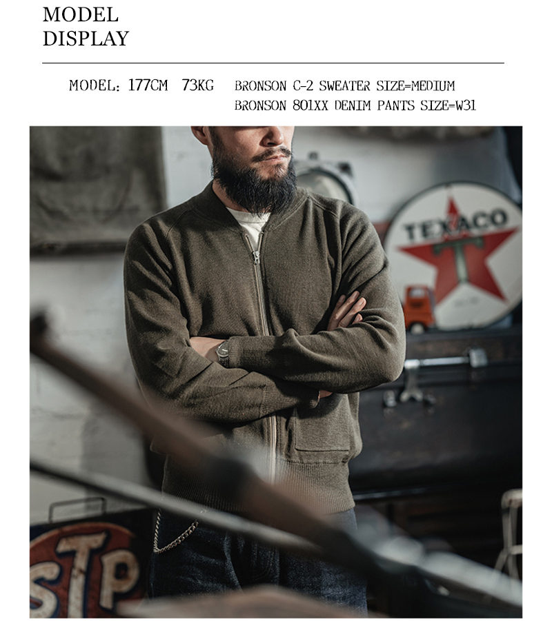 Bronson USAAF C-2 Men Zipped Wool Sweater Knitted Cardigan C2 Coat