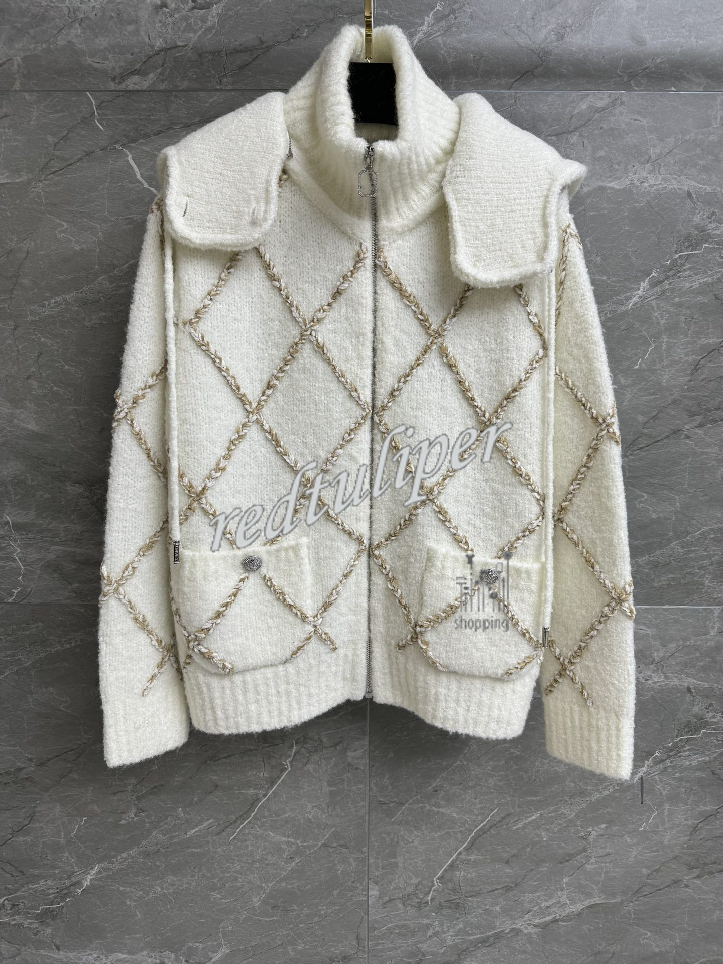 Cardigan con cappuccio autunno e inverno fantasia diamanti bianco e nero sml - Foto 4 di 4