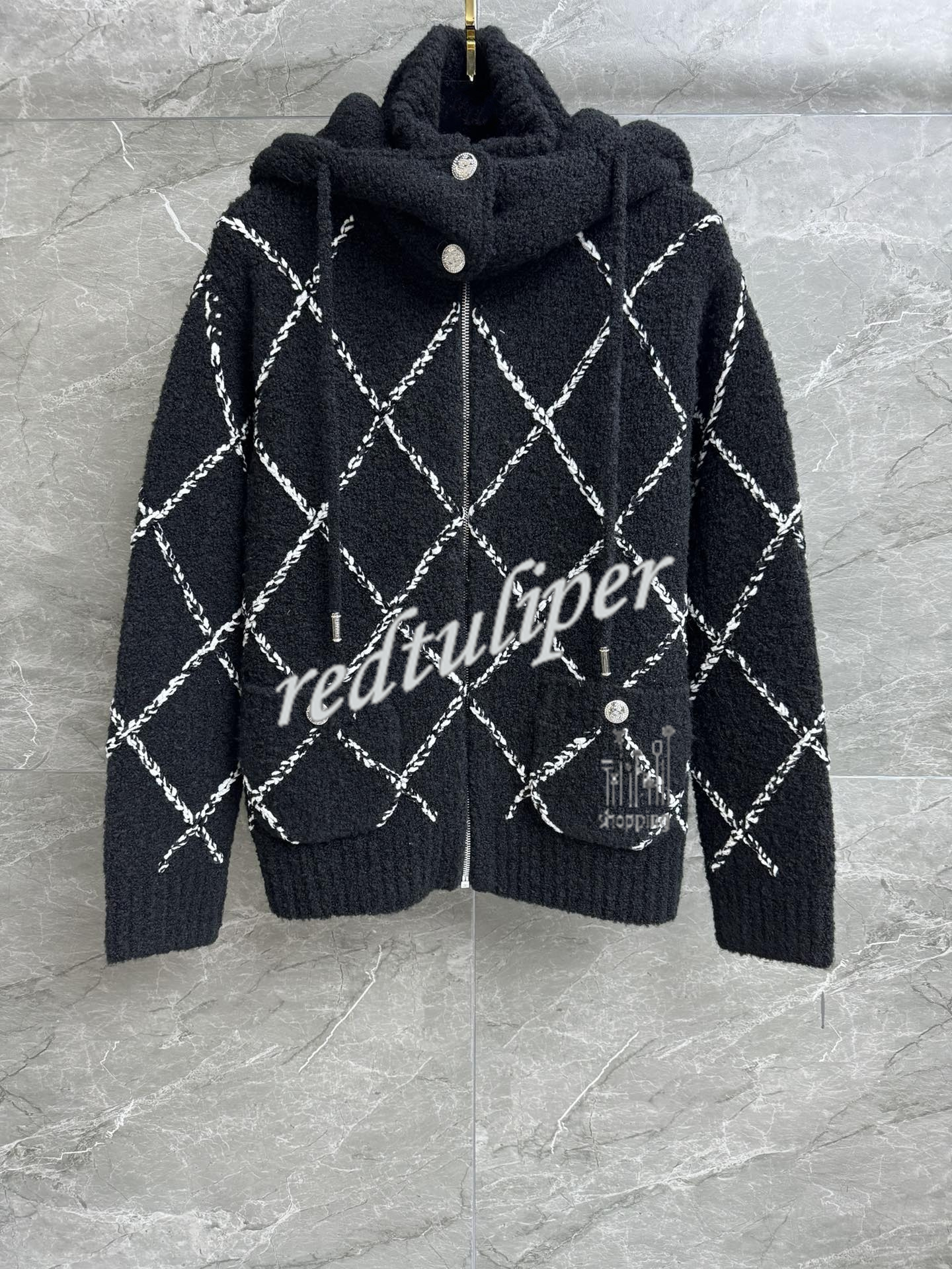 Cardigan con cappuccio autunno e inverno fantasia diamanti bianco e nero sml - Foto 3 di 4