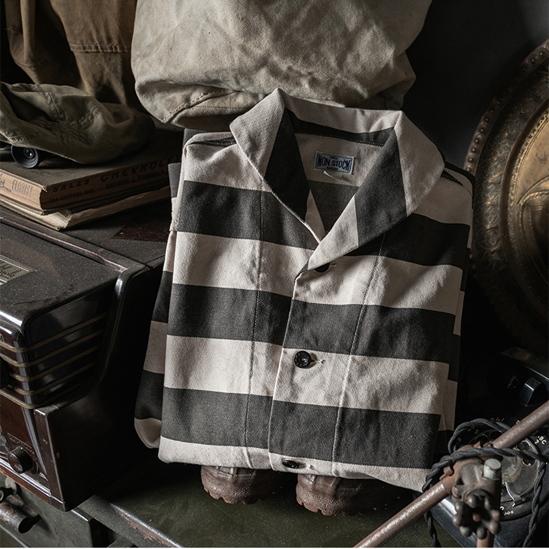 ジャケット・アウター SUBLATIONS WOOL PRISONER JACKET Non Stock 11OZ Shawl Collar Prison Stripe Jacket Rugged