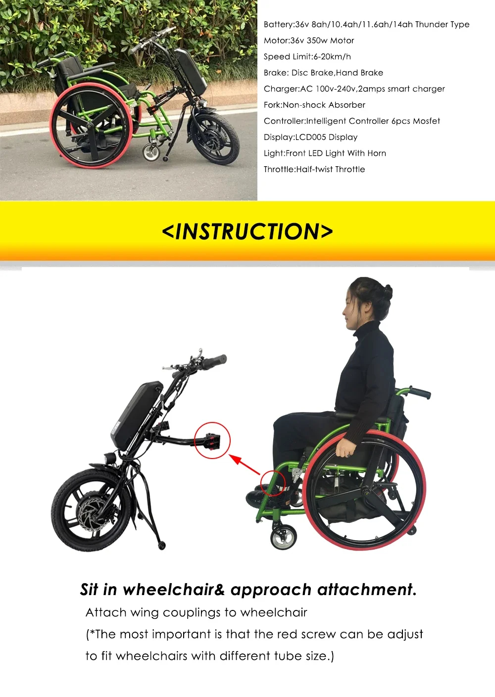 16 Inch Wheelchair Attachment Electric Handcycle Tractor 36V 250W/350W/500W - Picture 14 of 15