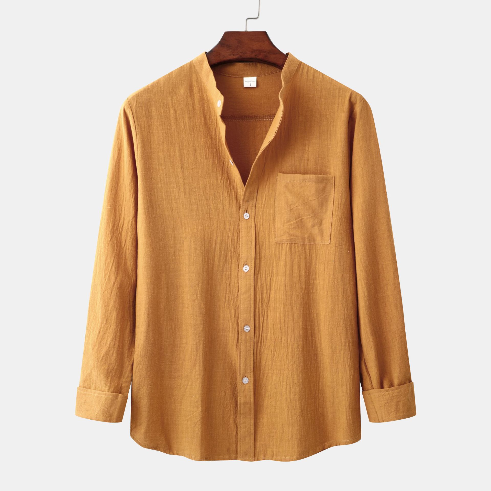 New Men's Casual Solid Button Down Collar Cotton Hemp Shirt - Picture 9 of 13