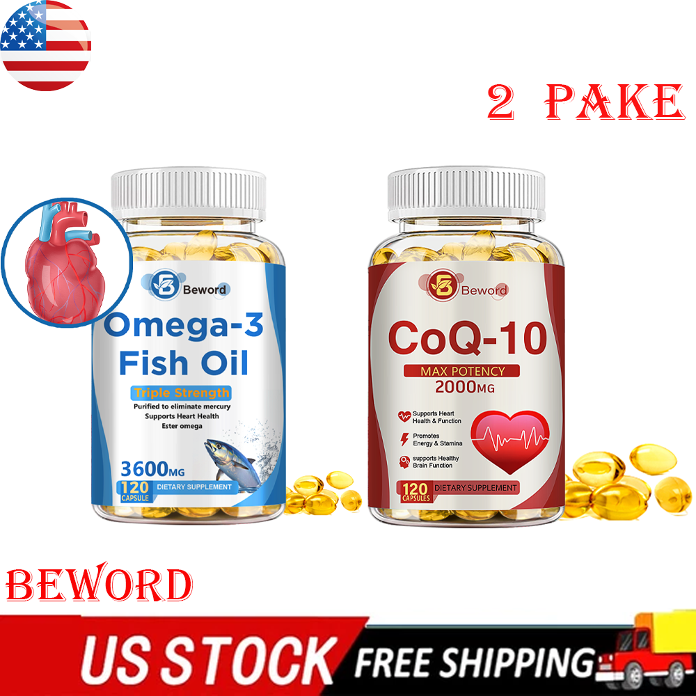 CoQ10 & Omega 3 Fish Oil Capsules Heart Brain Cardiovascular Support US