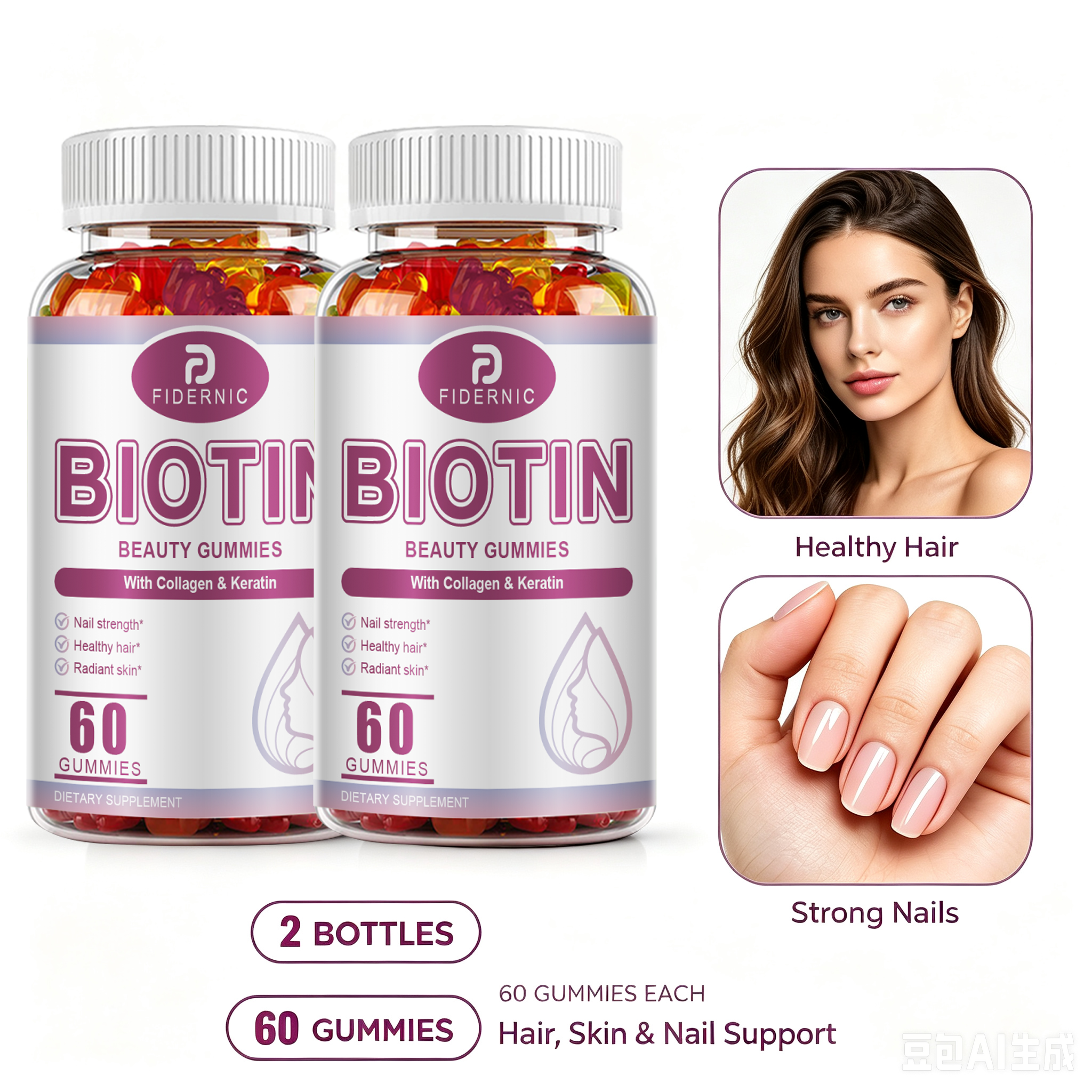 2 Bottle Biotin Gummies for Hair,Skin,Nails Premium Collagen Vitamin Supplement