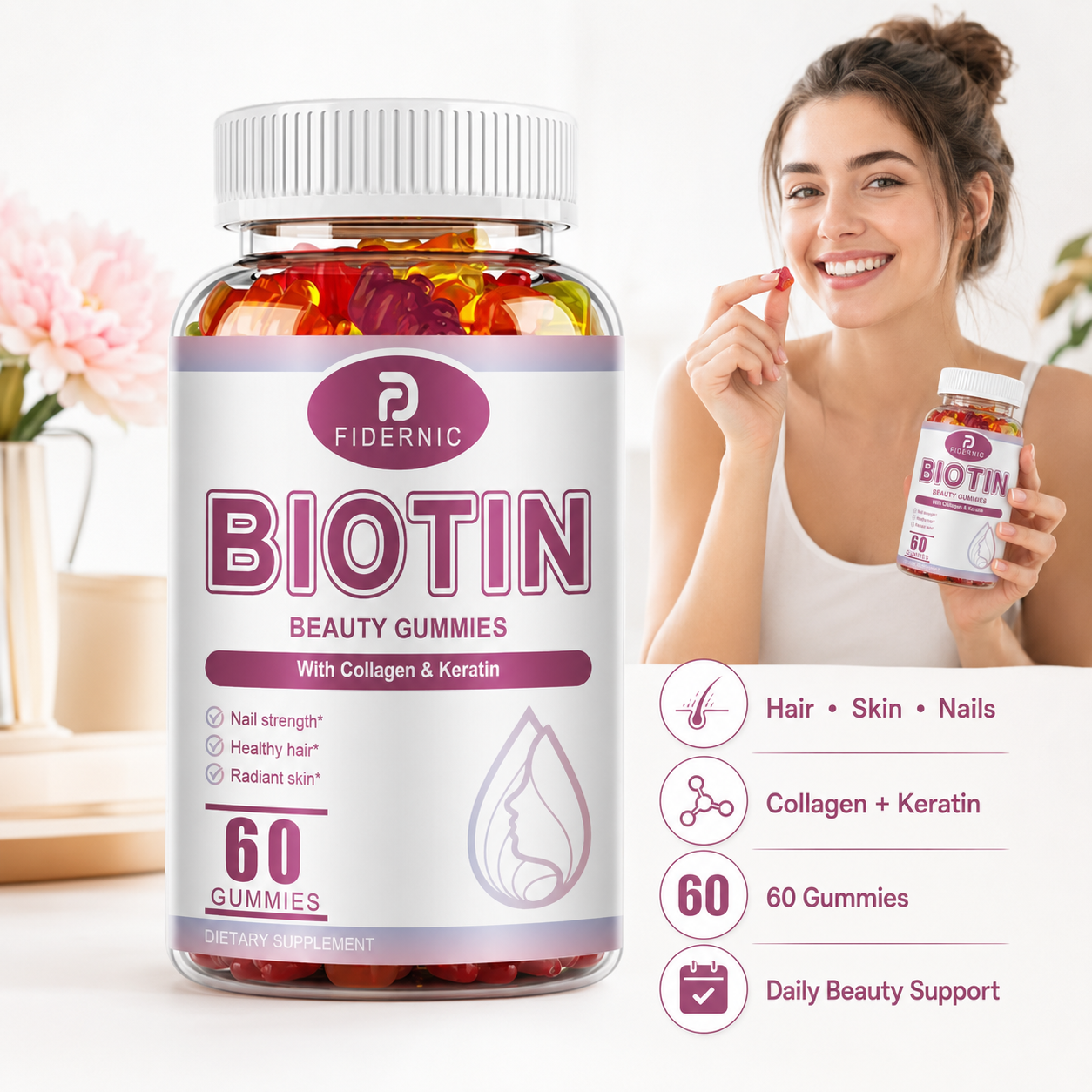Biotin Beauty Gummies 60 Count Hair Skin Nails Support