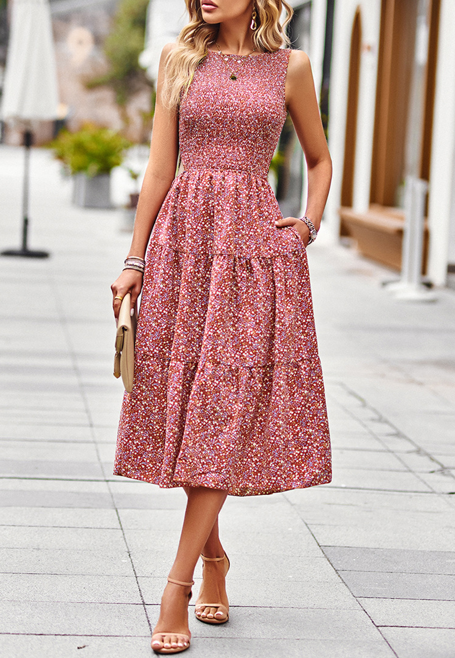 floral side cut out dress Pink Multi Floral Square Neck Side Cut Out Tiered Midi Dress *FINAL SA   SSYS