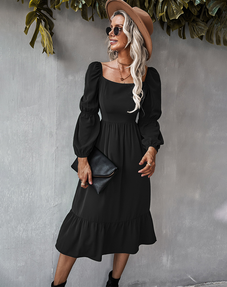 Straight Neck Double Puff Sleeve Dress