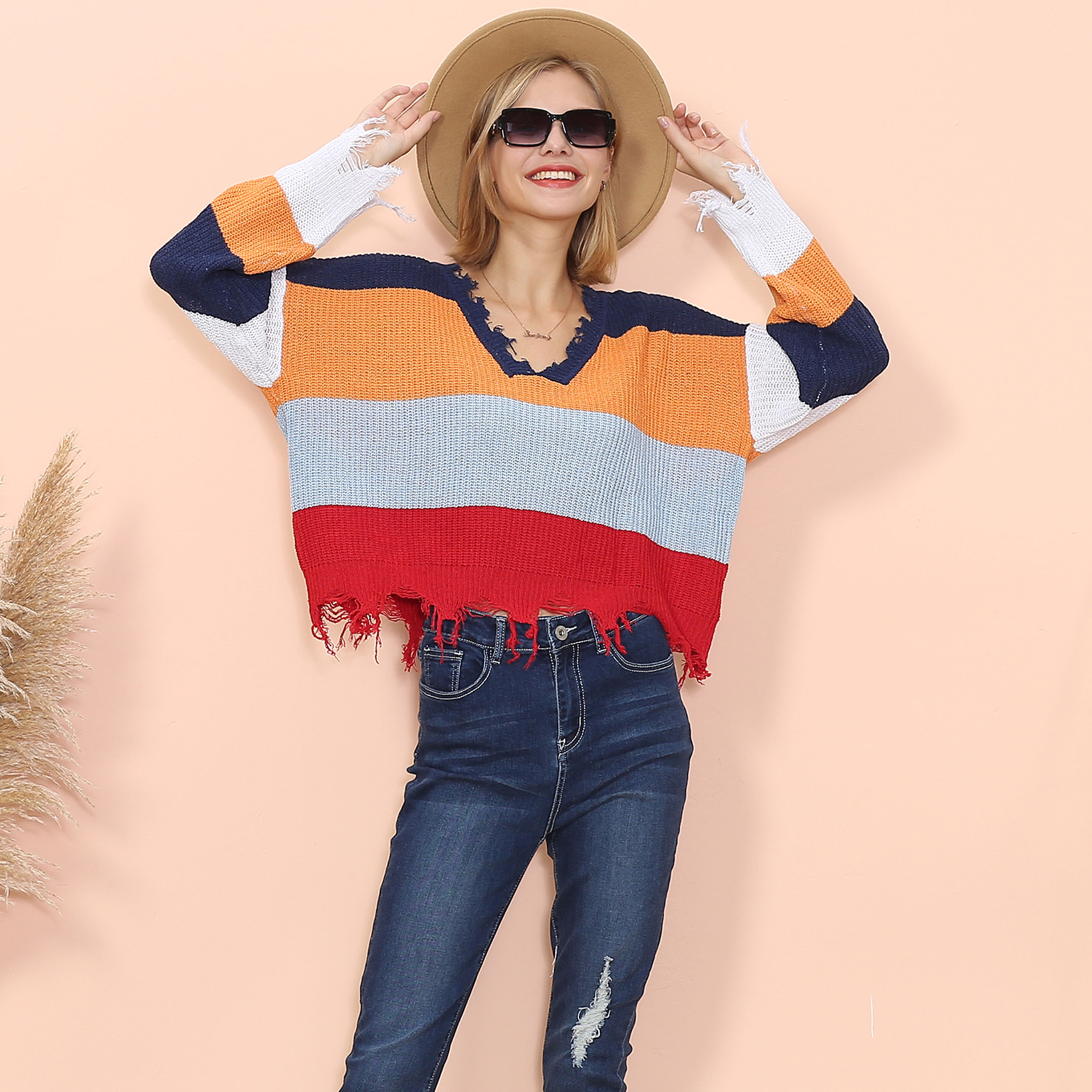 Frayed Hem Color Block Sweater