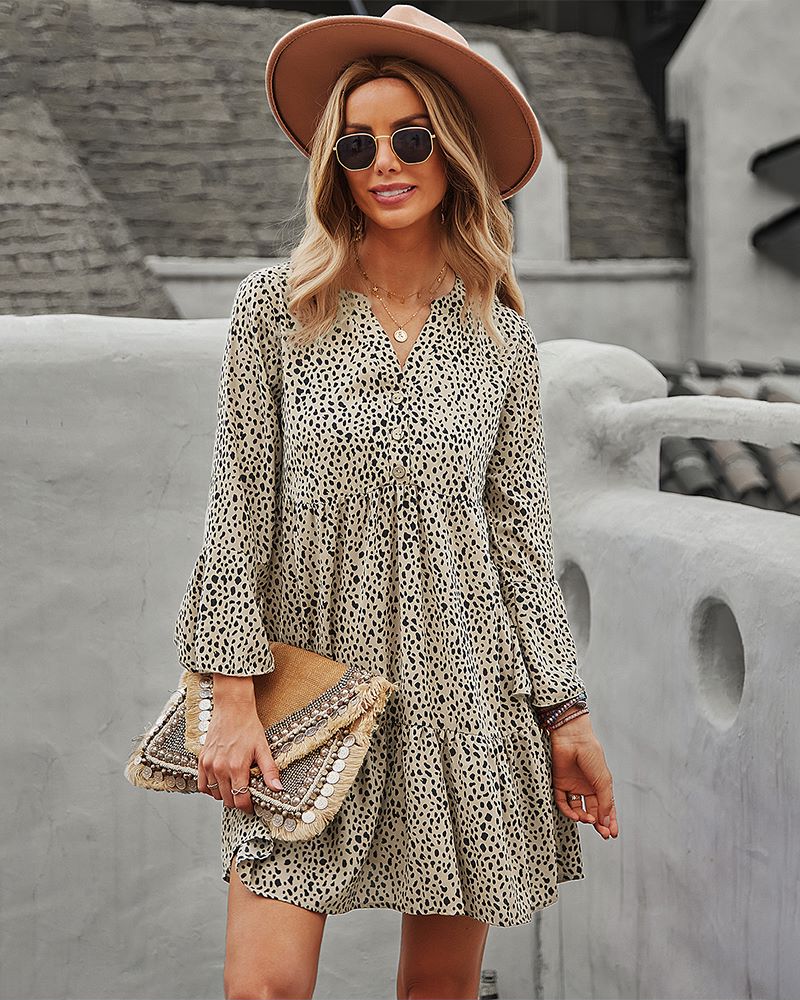 Long Sleeve Dotted Print Dress