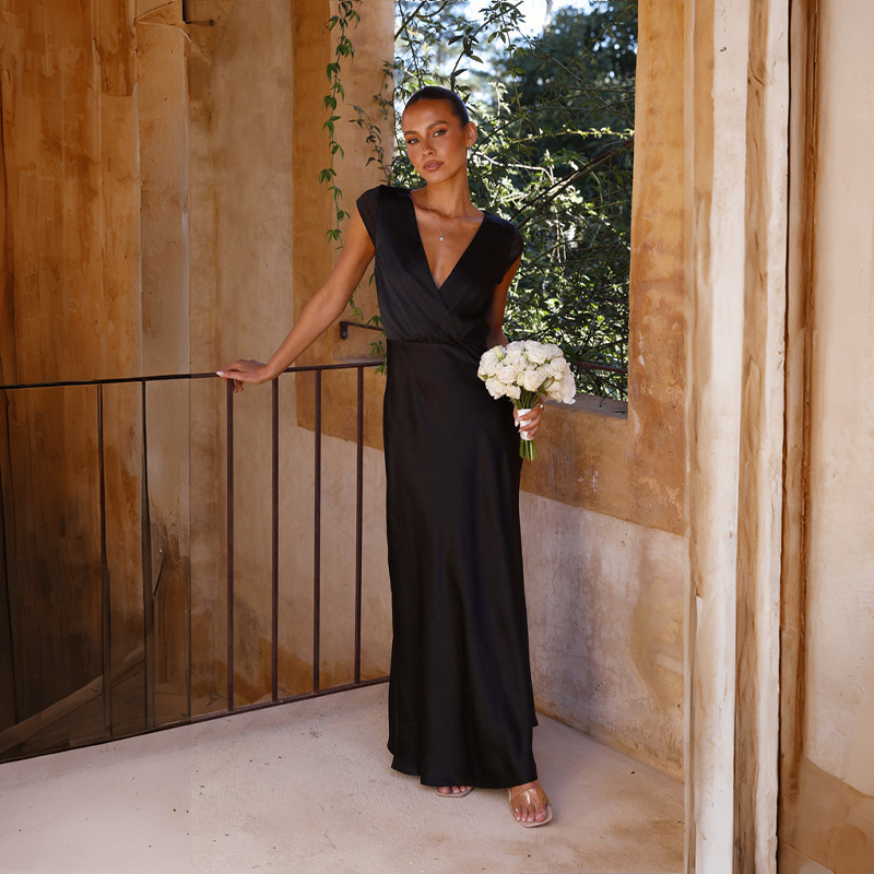 Elegant Short Sleeved V-Neck Maxi Satin Dress - Picture 23 of 24