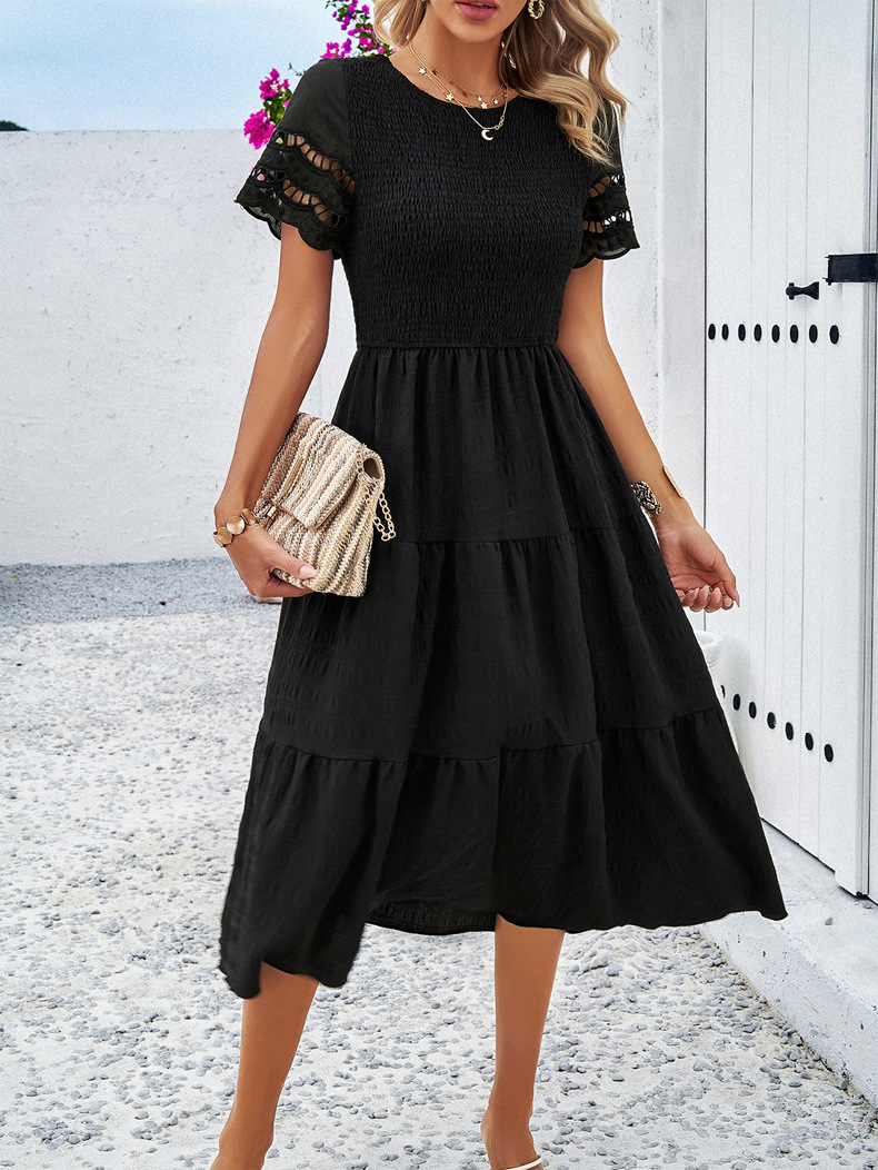 Solid Color Hallow Eyelet Sleeve Tiered Midi Dress - Picture 25 of 27