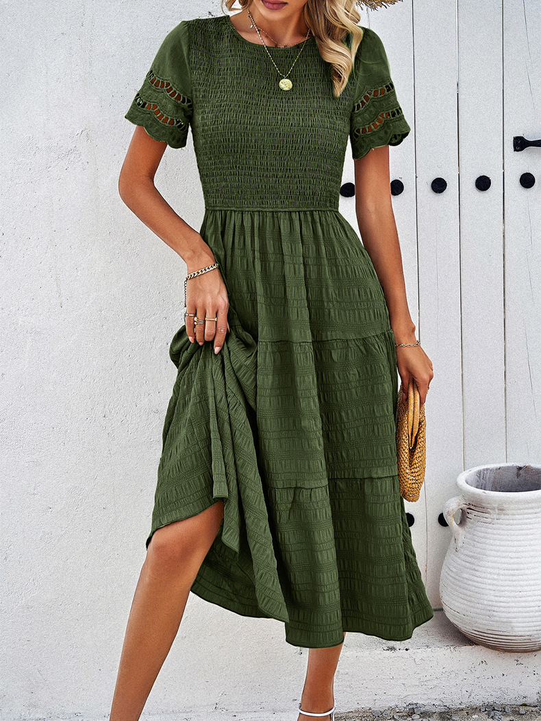 Solid Color Hallow Eyelet Sleeve Tiered Midi Dress - Picture 24 of 27