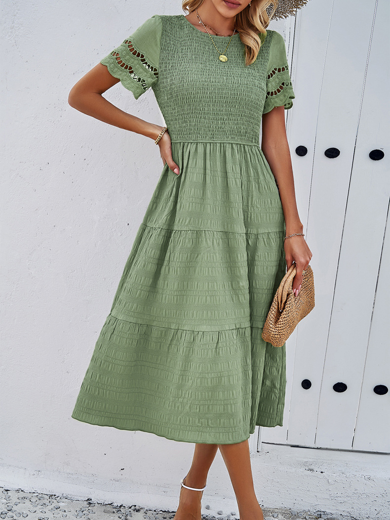 Solid Color Hallow Eyelet Sleeve Tiered Midi Dress - Picture 26 of 27