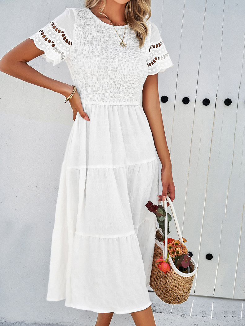 Solid Color Hallow Eyelet Sleeve Tiered Midi Dress - Picture 27 of 27