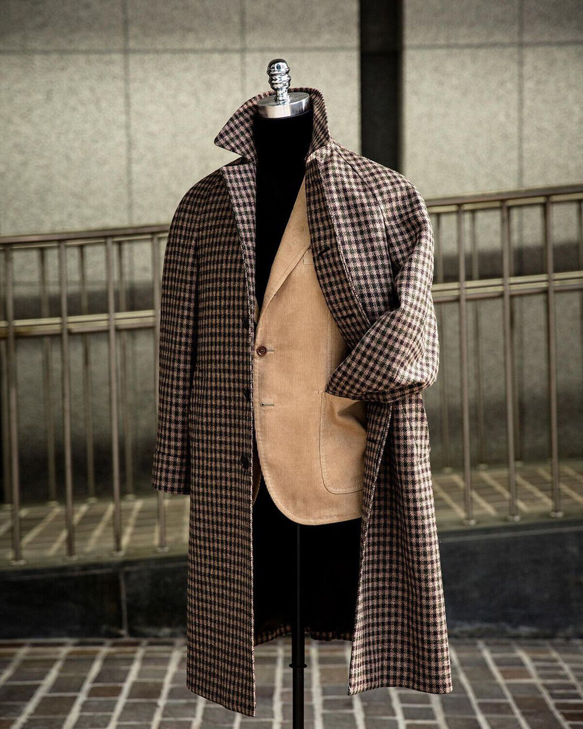 Vintage Houndstooth Men's Overcoat Wool Blend Jacket Casual