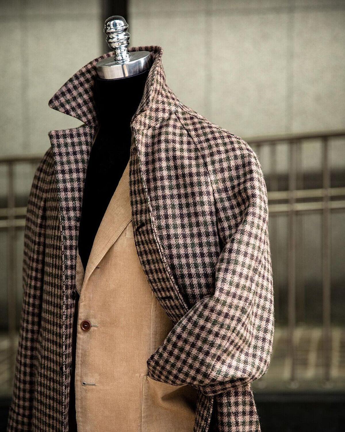 Vintage Houndstooth Men's Overcoat Wool Blend Jacket Casual