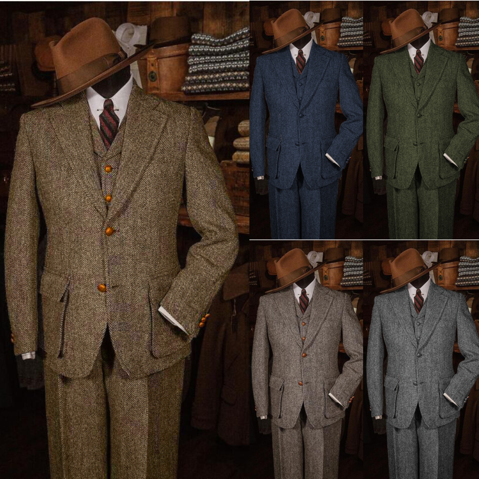 Tweed 3Pcs Men's Suits Vintage Herringbone Winter Wool Blend