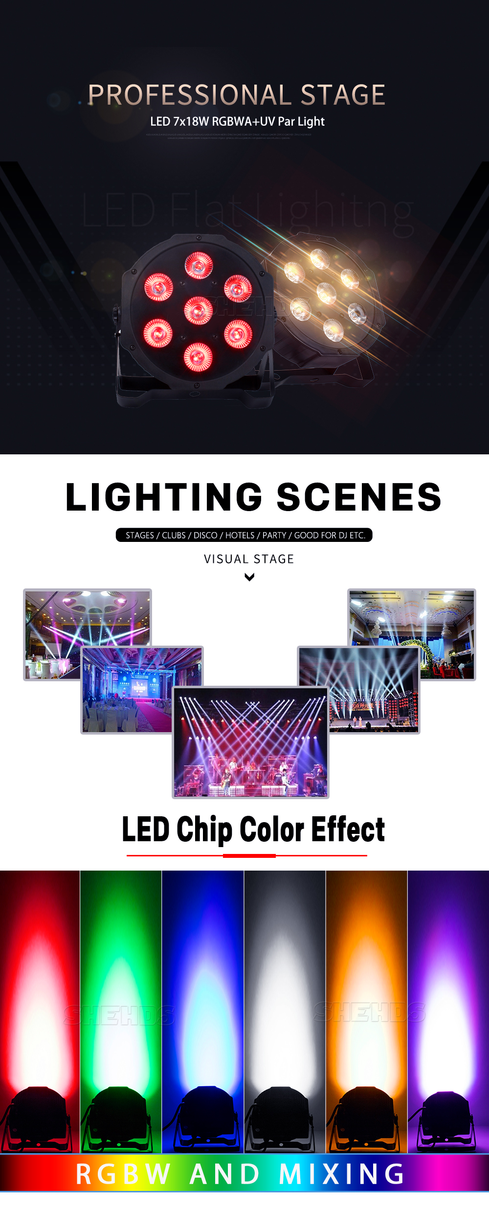 7x18w LED Stage PAR Light RGBWA+UV DMX Beam Wash Lighting DJ Disco