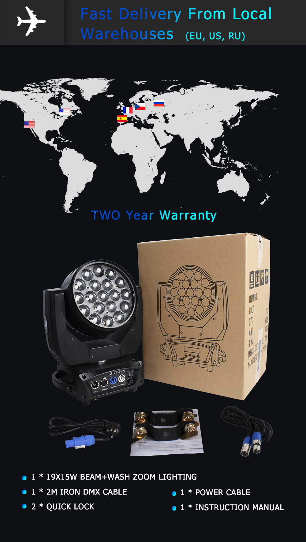 2Pcs LED Aura 19x15W RGBW Beam Wash Zoom Moving Head Lighting DMX