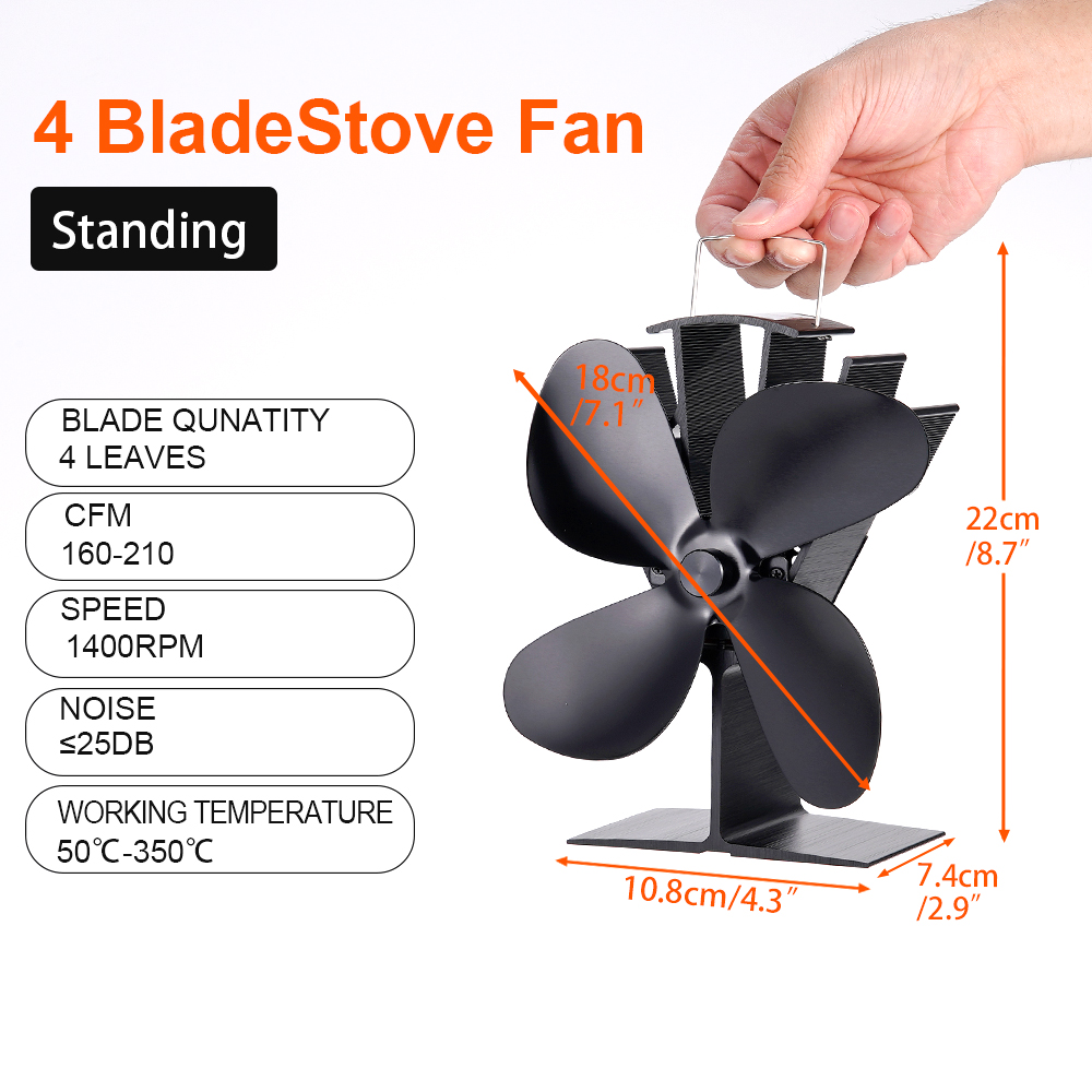4 BLADES FAN Heat Self-Powered Wood Stove Top Burner Fireplace Eco