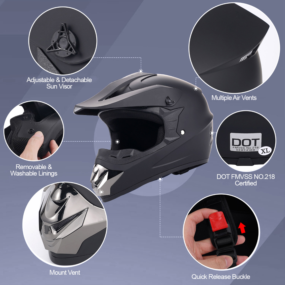 adjustable motorcycle helmet vents Motorcycle Helmet Motocross helmet adult full face Modular Visor DOT Matt  Black