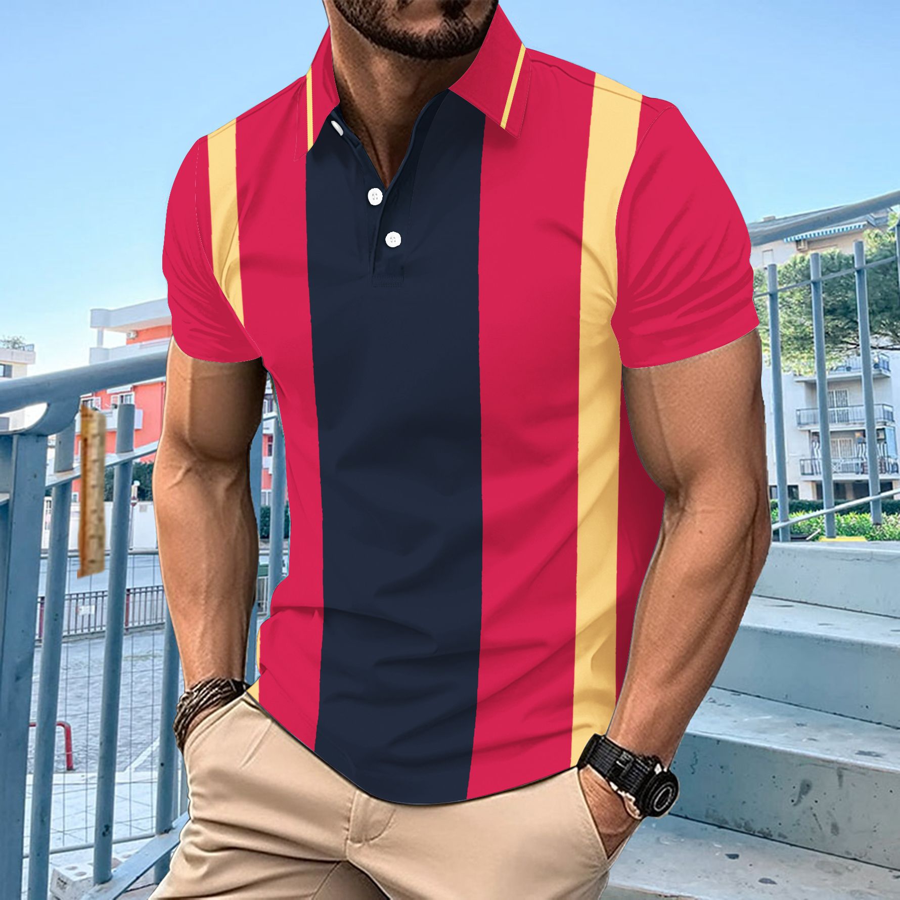Men’s casual polo shirt with printed collar and button for business